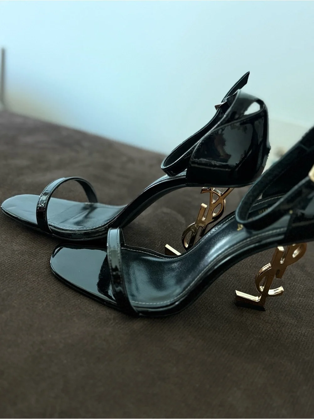 Louis Vuitton Black Patent Sandals with Gold LV Logo Heels